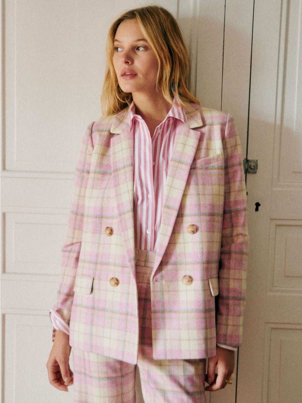 Sézane Christie Jacket in Pink Check Print 100% wool